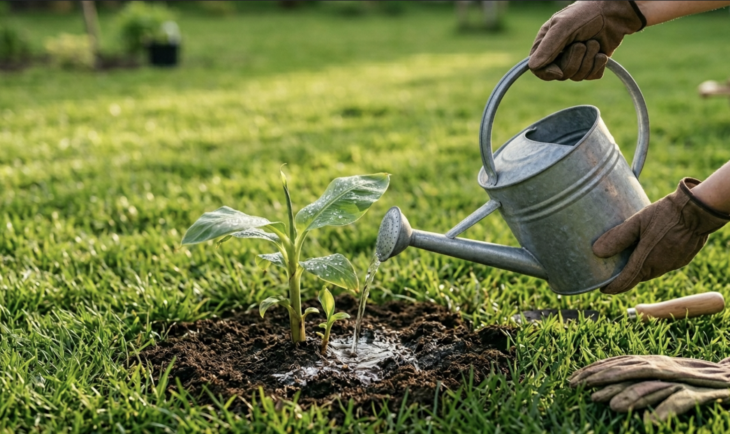 person watering young banana plant with metal watering can in garden