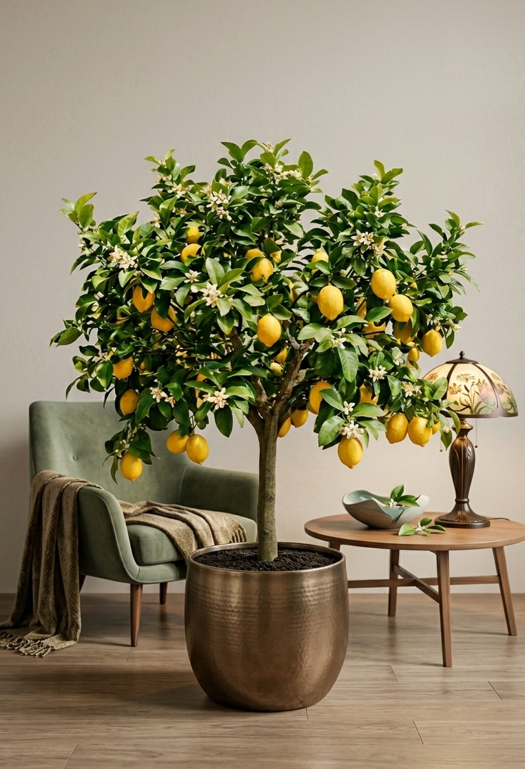 lemon tree with yellow fruit growing in a bronze pot indoors
