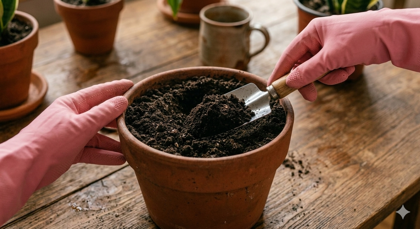 adding compost to a potted banana tree using a small garden trowel