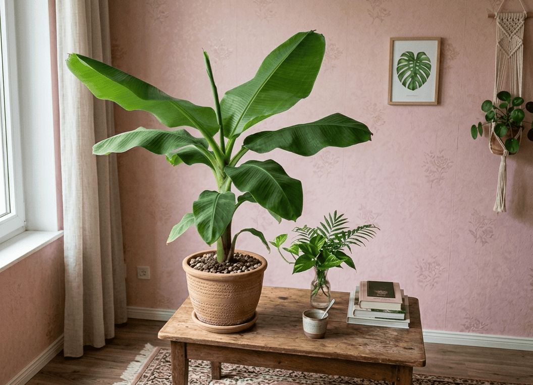Cold hardy banana tree growing in a terracotta pot indoors near a window