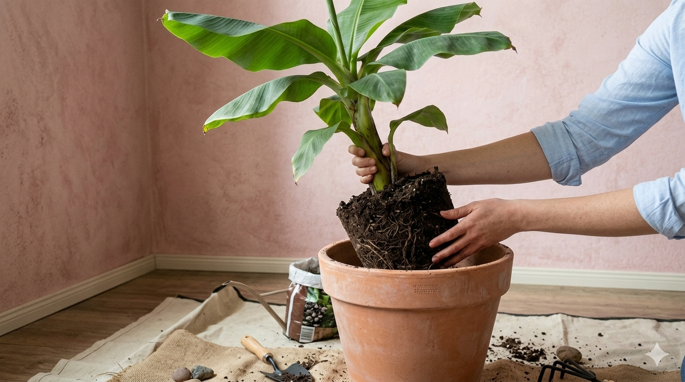 repotting a young banana tree into a large container with fresh compost mix