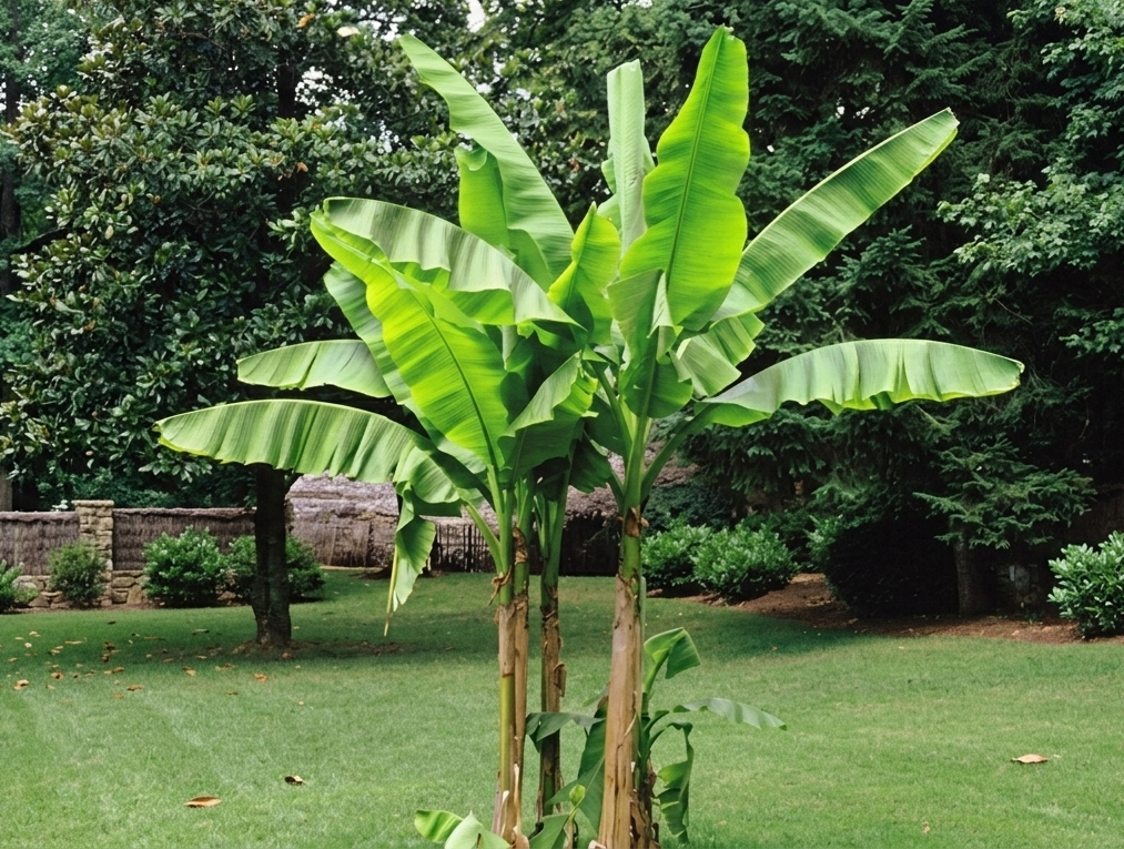 Cold Hardy Banana Tree with large tropical green leaves growing outdoors in a garden setting