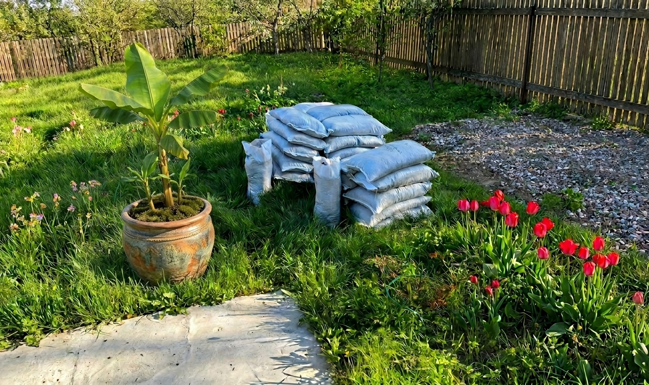 banana tree growing in a pot beside stacked bags of compost