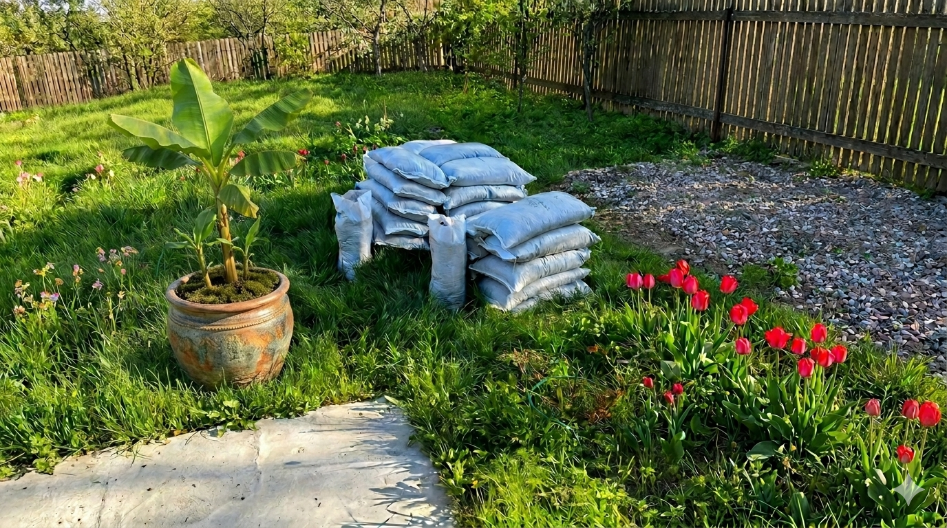 banana tree growing in a pot beside stacked bags of compost
