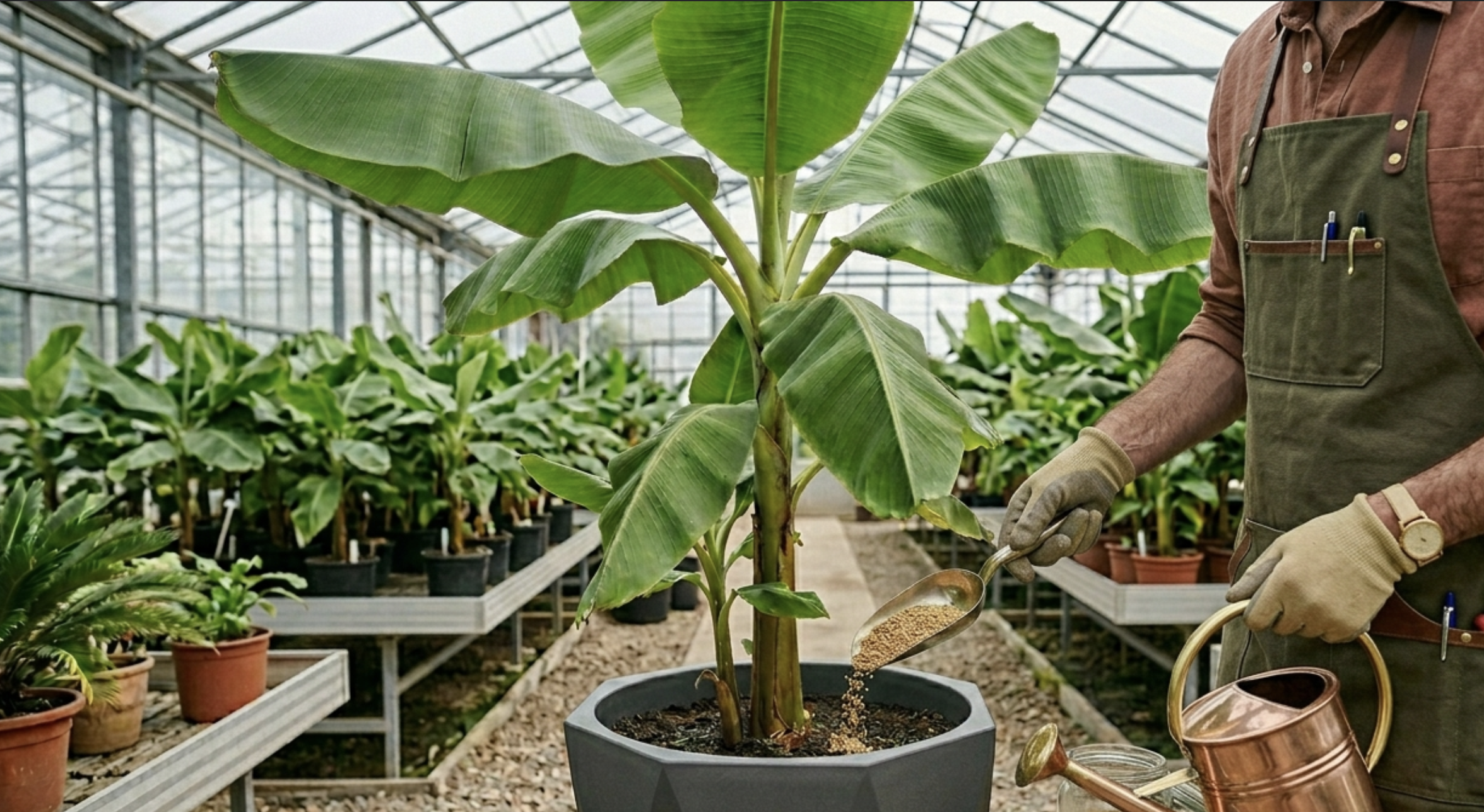 gardener applying granular fertilizer to potted banana tree in greenhouse