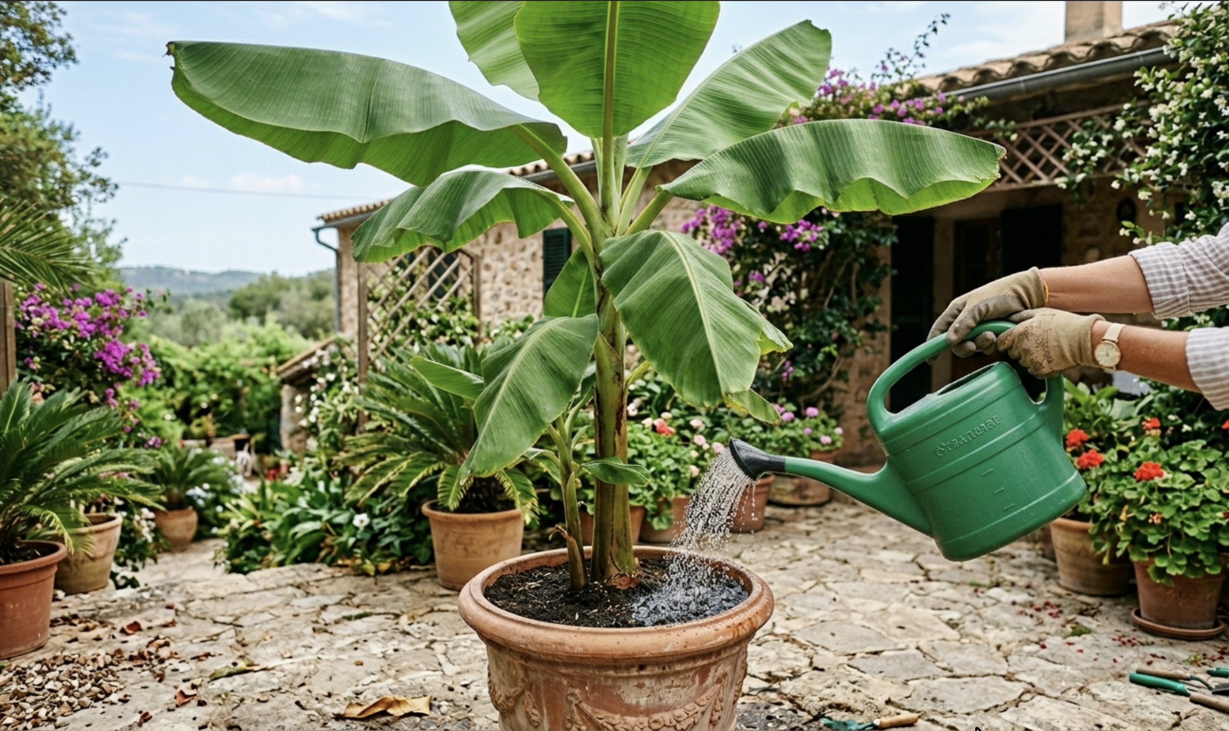 person watering large banana tree in terracotta pot on garden patio
