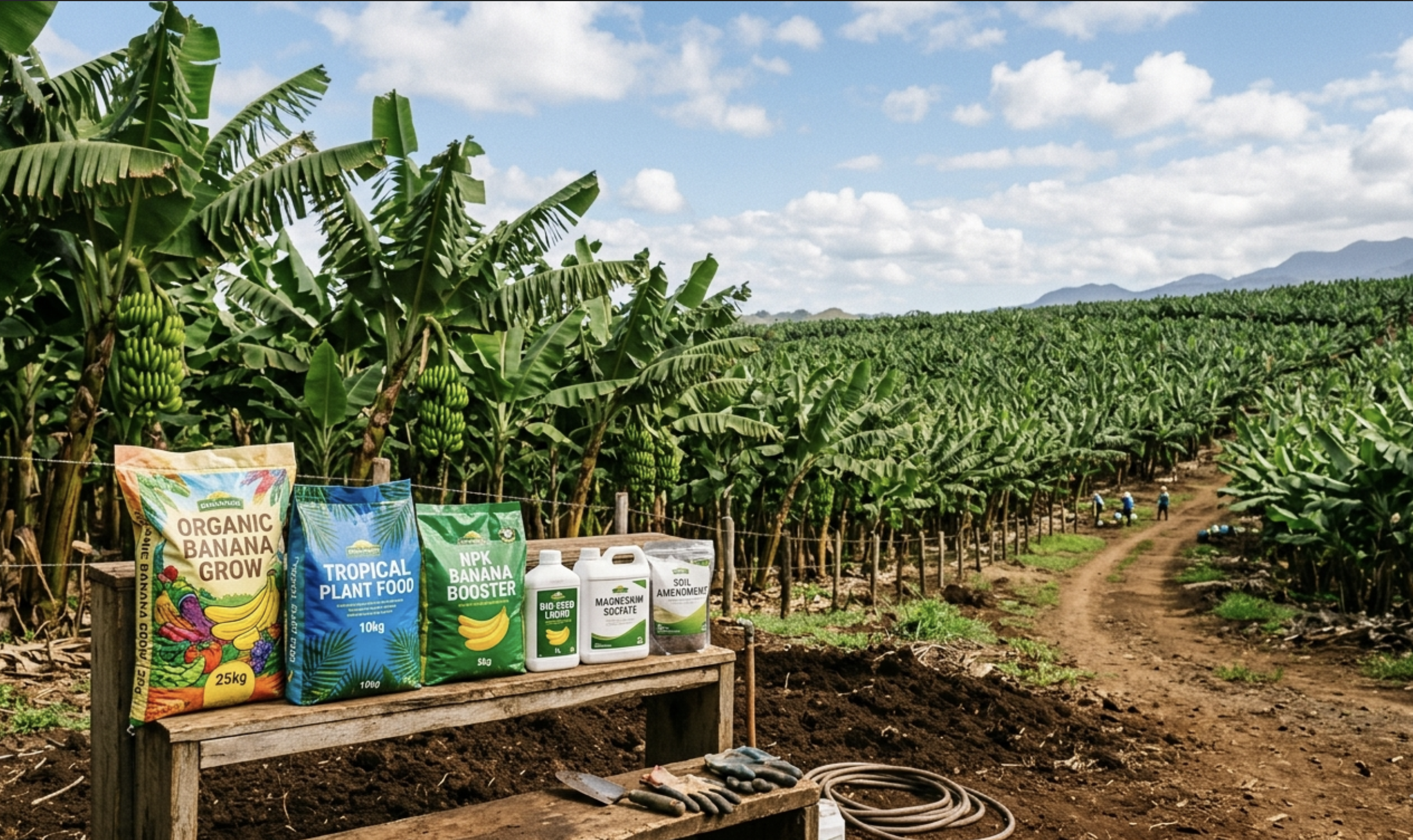 banana tree fertilizer products displayed near banana plantation
