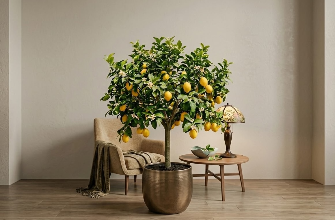 large lemon tree with fruit and flowers growing indoors in living room