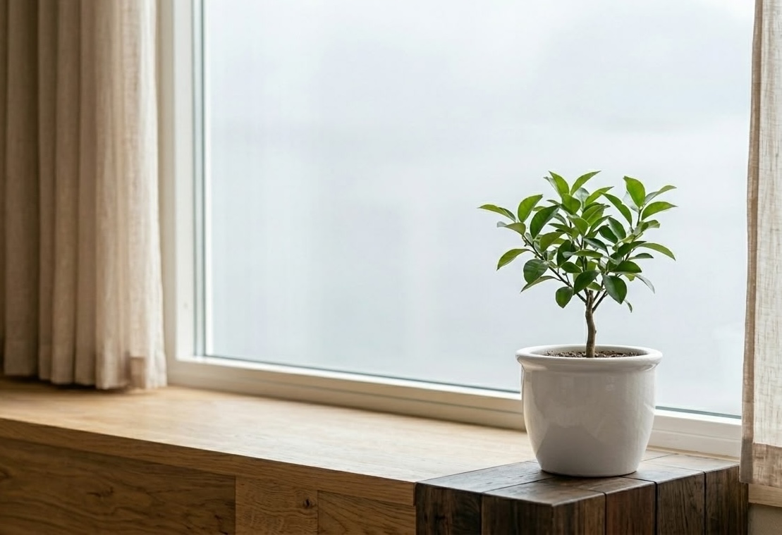 small lemon tree in white pot on wooden windowsill next to window