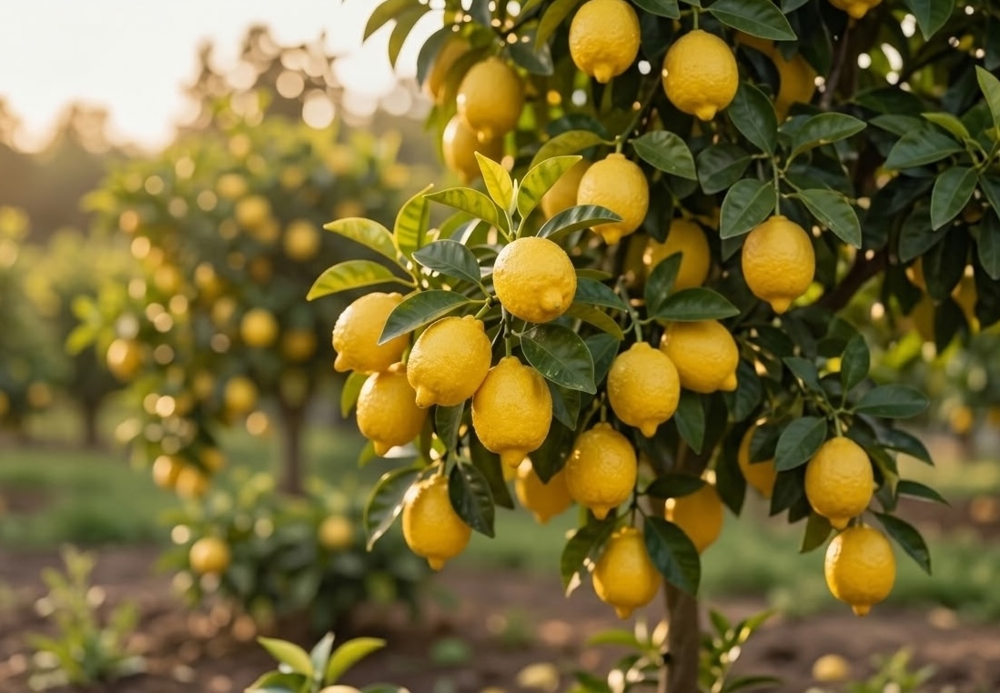lemon tree covered in ripe yellow lemons growing in outdoor orchard