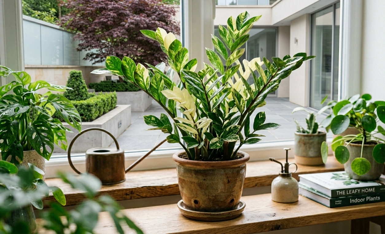 Variegated ZZ plant with green and white leaf markings in terracotta pot on wooden shelf near garden window