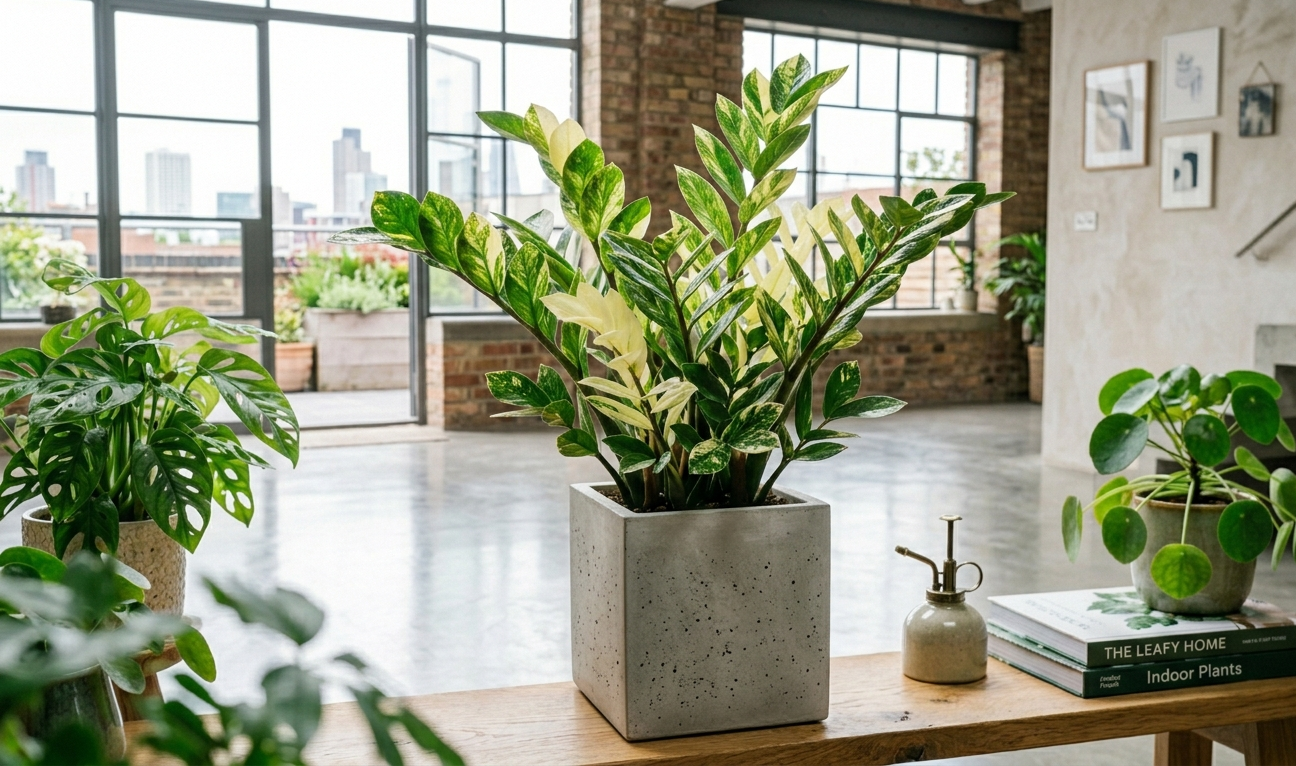 Variegated ZZ plant with yellow-green leaf variegation in square concrete pot on table in modern loft interior