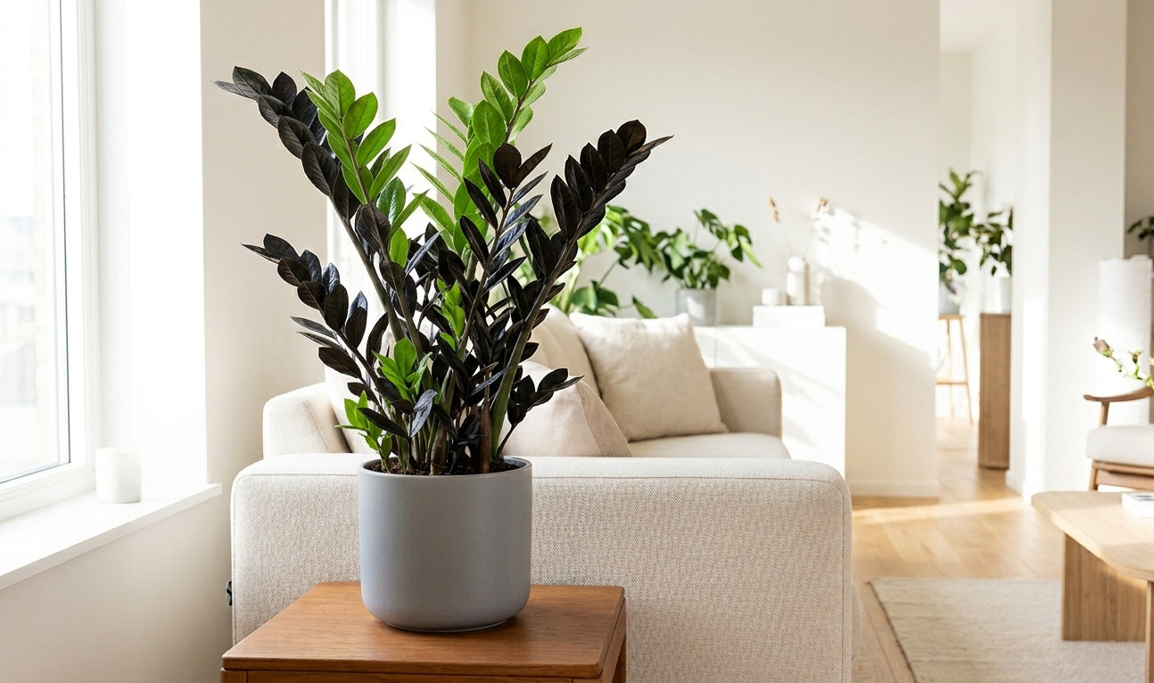 Raven ZZ plant with deep purple-black leaves in round grey ceramic pot in bright living room