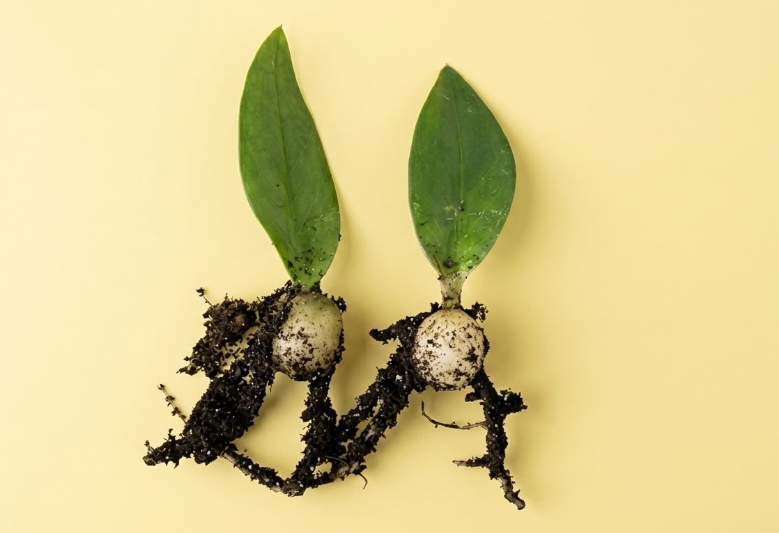 Two ZZ plant leaf cuttings on yellow background showing small white rhizomes forming at the base after propagation