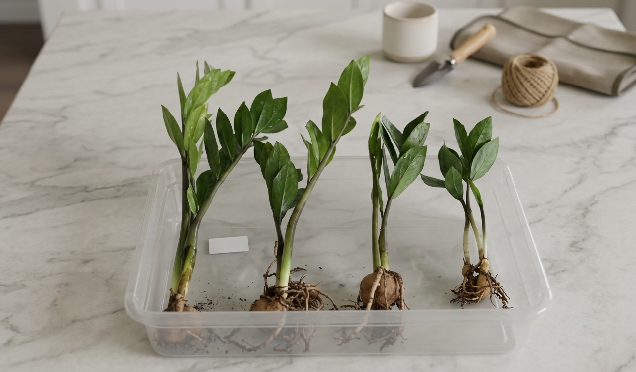 ZZ plant stem cuttings and rhizomes in propagation tray