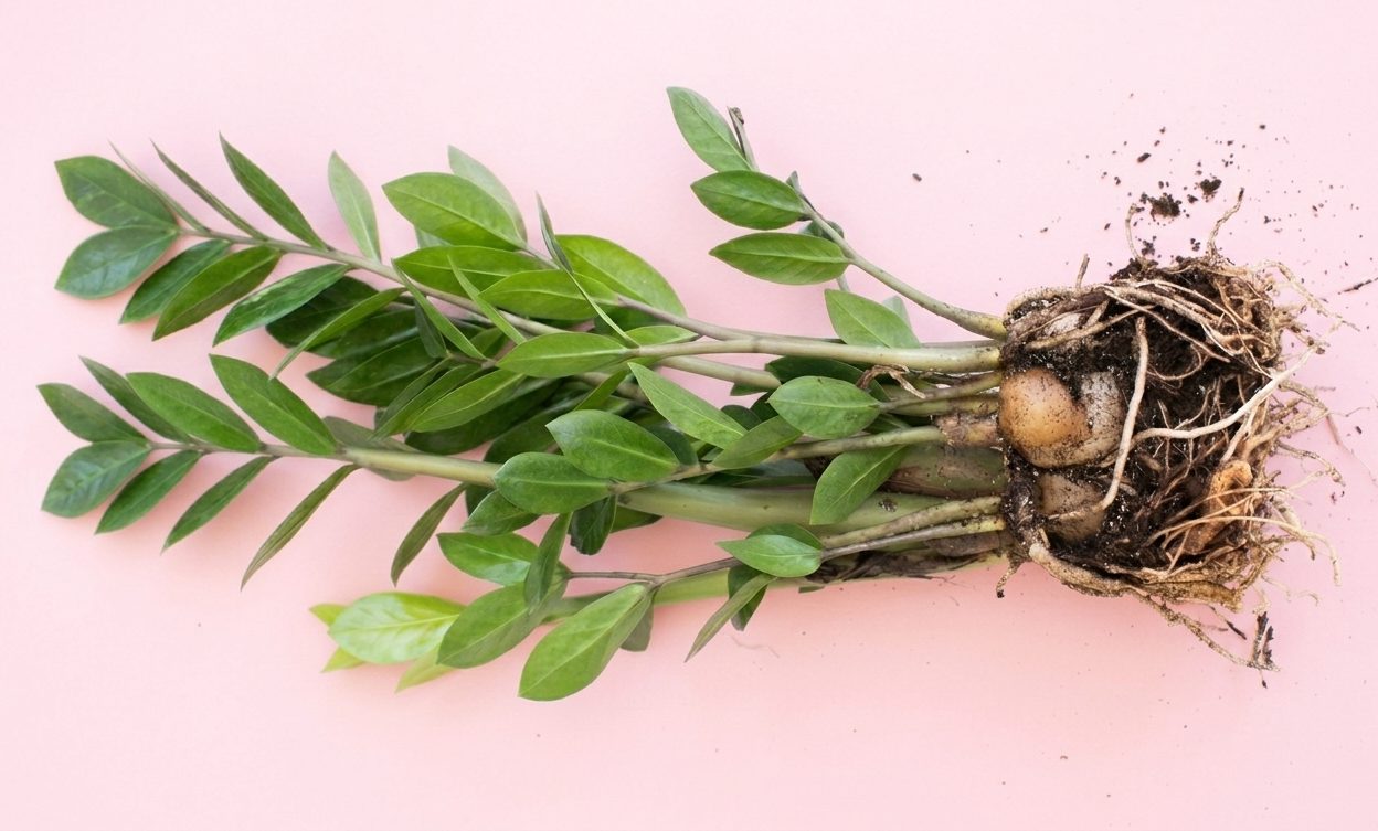 ZZ plant with exposed rhizome and roots ready for propagation on pink background