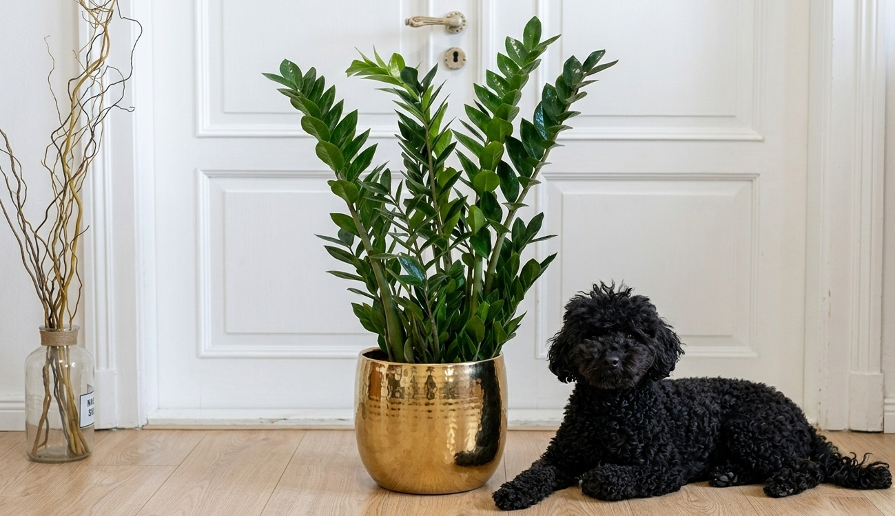 black curly dog sitting beside ZZ plant in gold pot near white door
