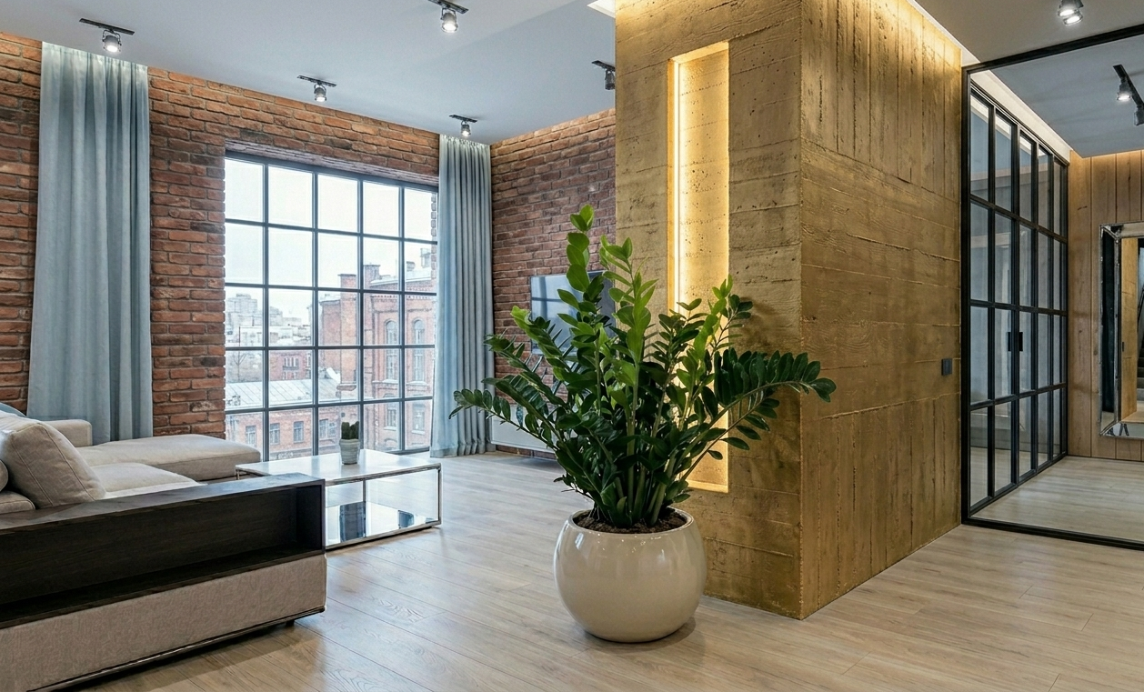 large ZZ plant in white pot in modern loft interior