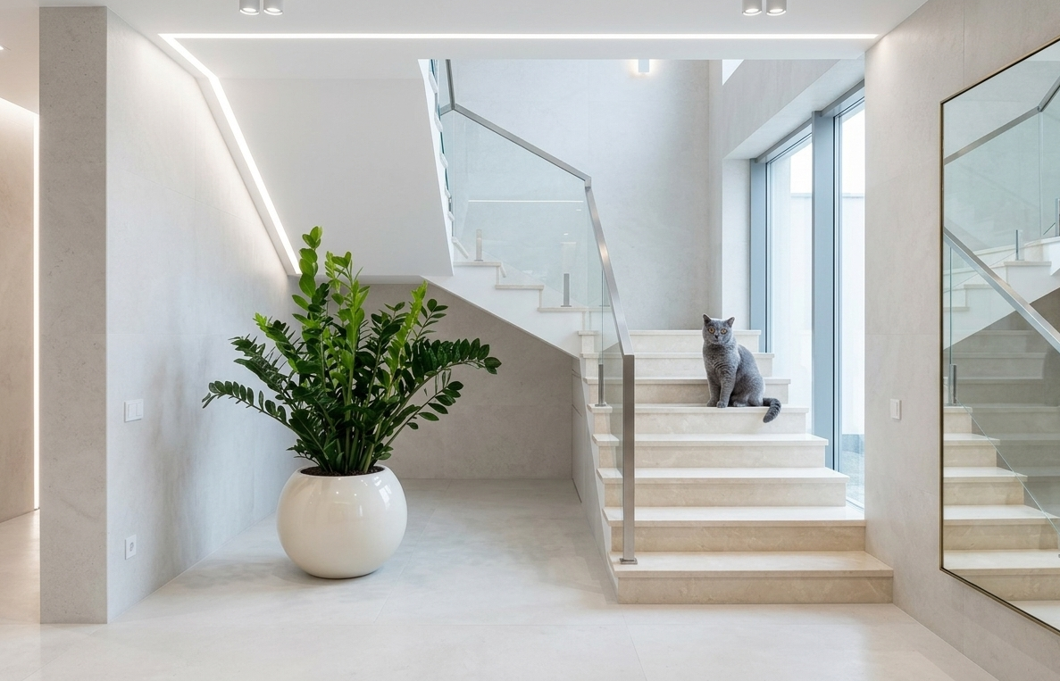 grey cat sitting on white staircase beside large ZZ plant in white pot