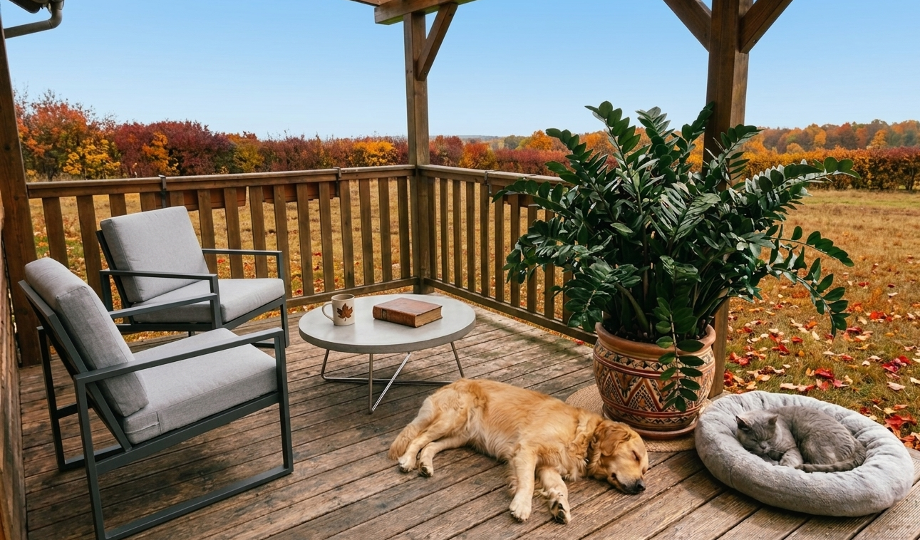 golden retriever dog relaxing on outdoor deck beside large ZZ plant in terracotta pot