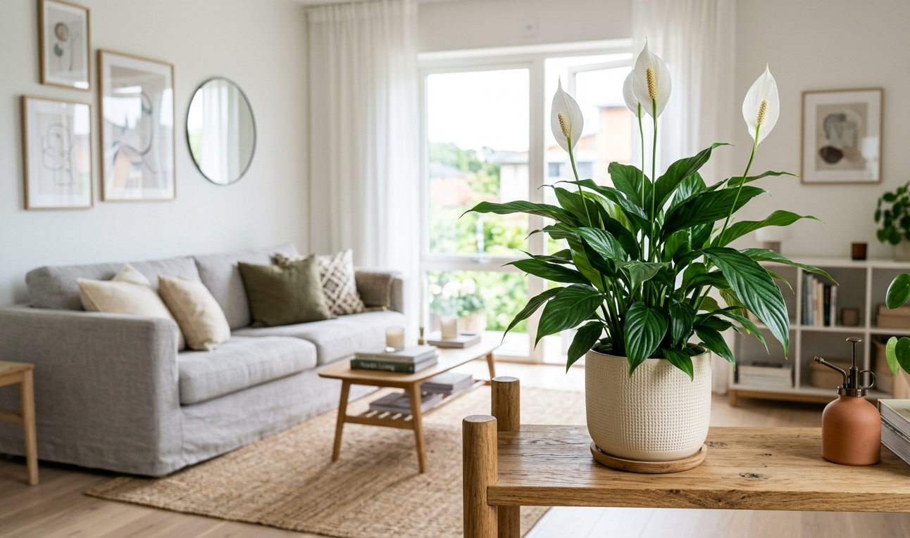 Peace lily in white pot on wooden coffee table in bright Scandinavian living room with grey sofa and natural decor