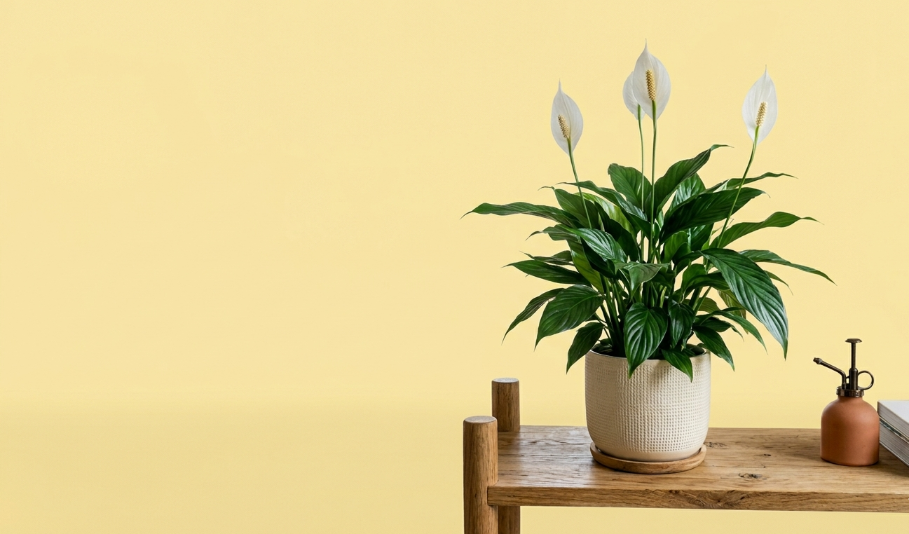 Peace lily in cream pot on wooden bench with hand mist sprayer beside it on yellow background