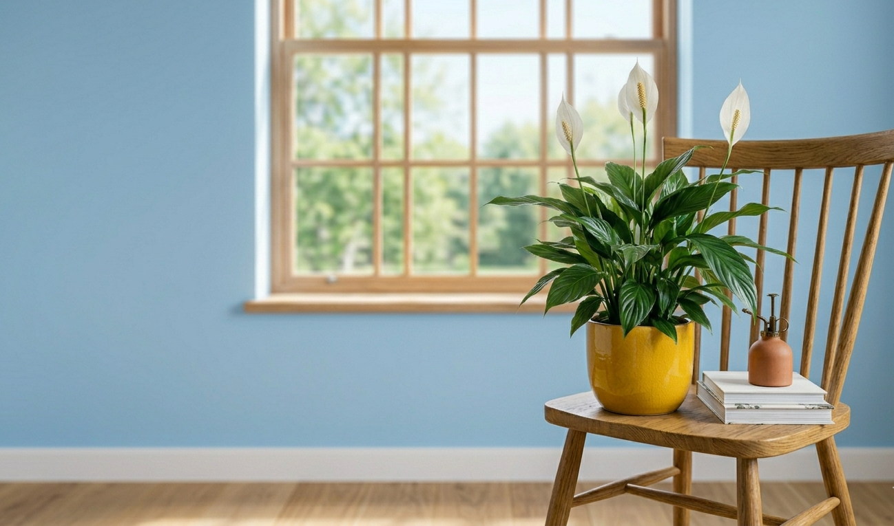 Peace lily in yellow ceramic pot on wooden chair near bright window with blue wall background