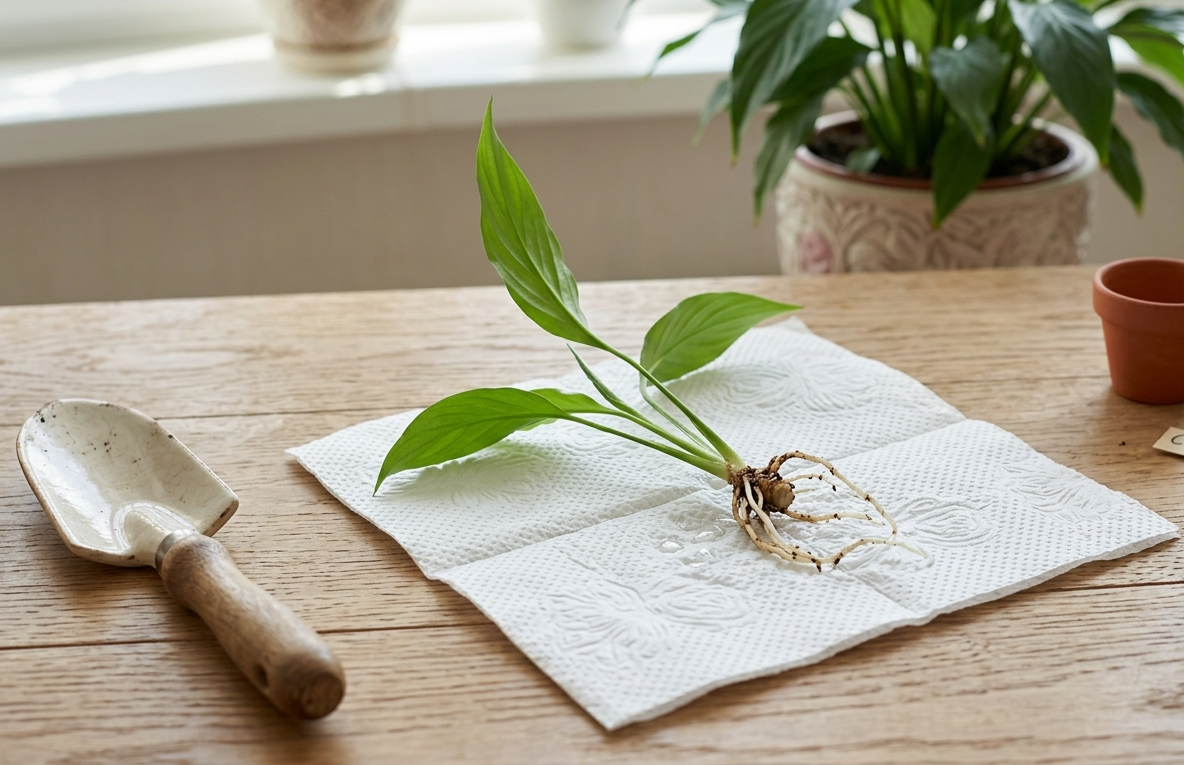 Small peace lily division with white roots visible on white napkin beside garden trowel on wooden table