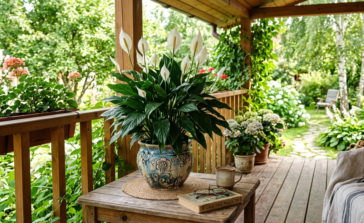 Large peace lily with multiple white blooms in blue ceramic pot on wooden outdoor porch table with garden background