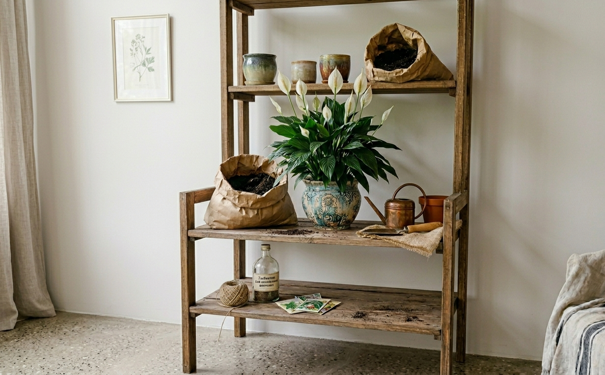 Peace lily in decorative pot on rustic wooden shelf with watering can and natural woven basket decor