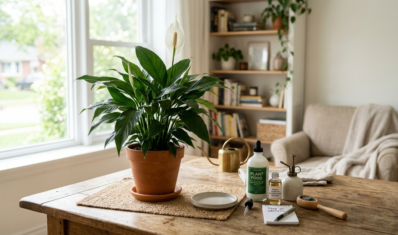 Peace lily in terracotta pot on wooden table near window with copper watering can and spray bottle