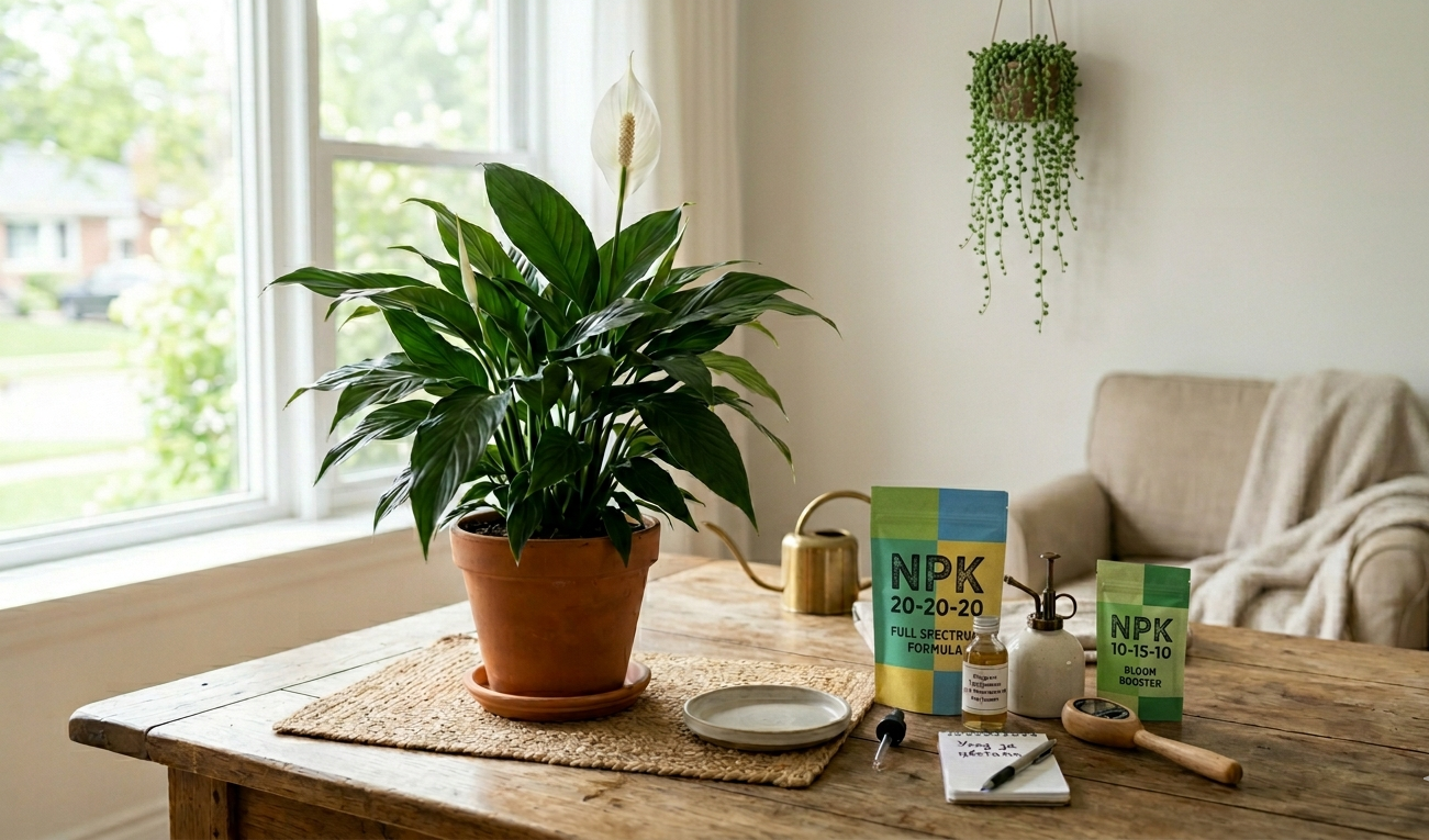 Peace lily in terracotta pot on wooden table near window with NPK fertilizer packages and watering can