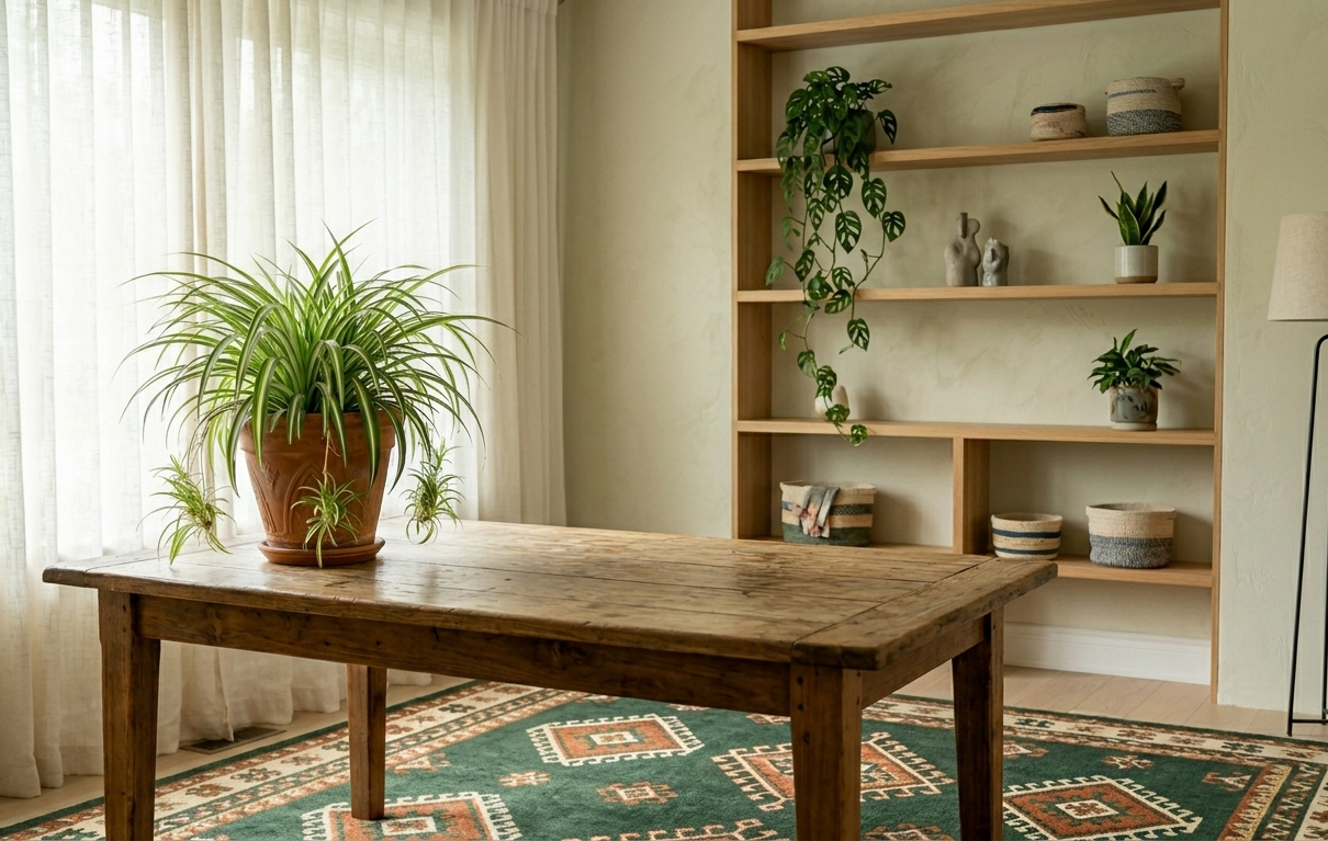 Spider plant in large pot on wooden dining table in bright room with plant shelf in background
