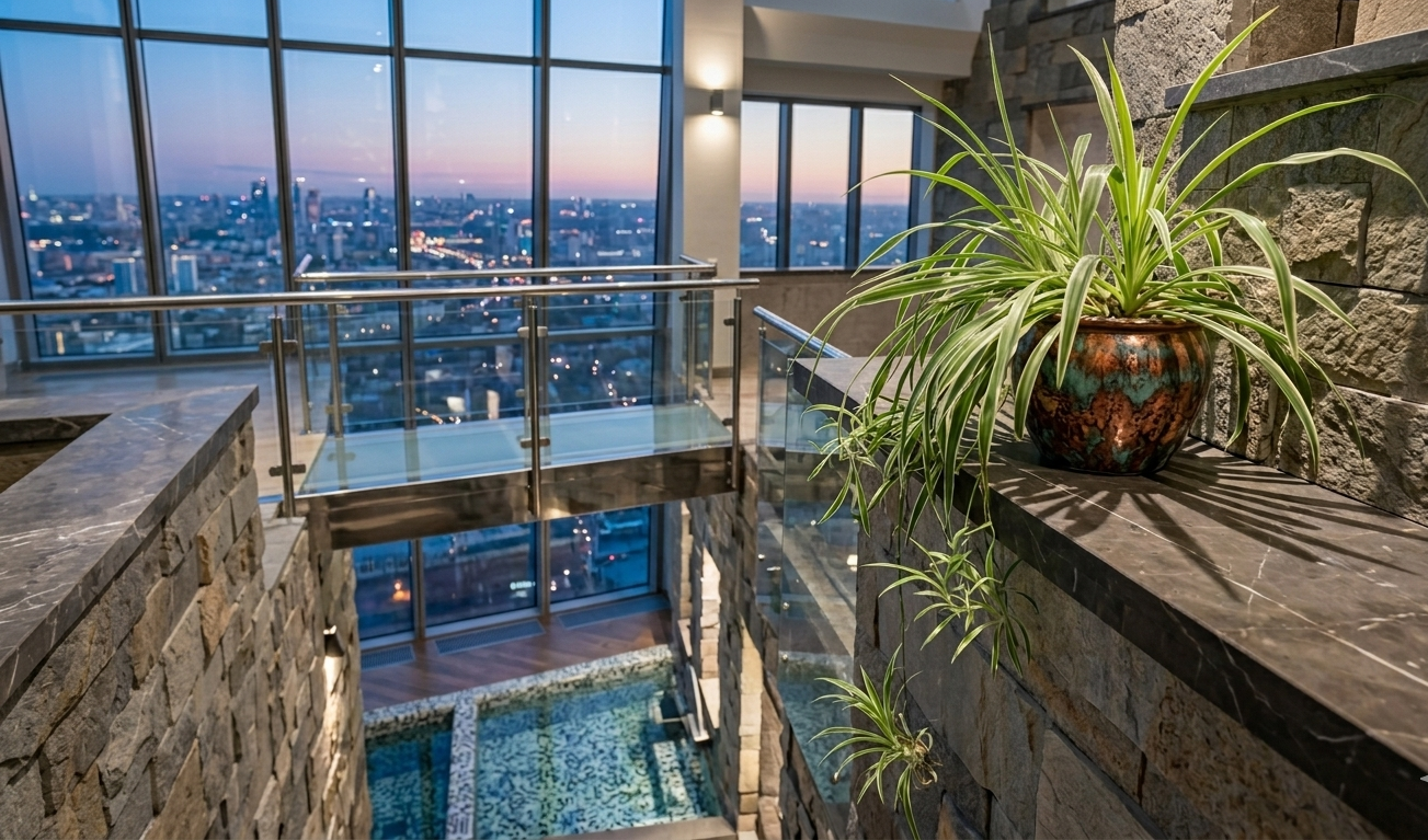Spider plant in decorative pot on high-rise penthouse balcony overlooking city at dusk