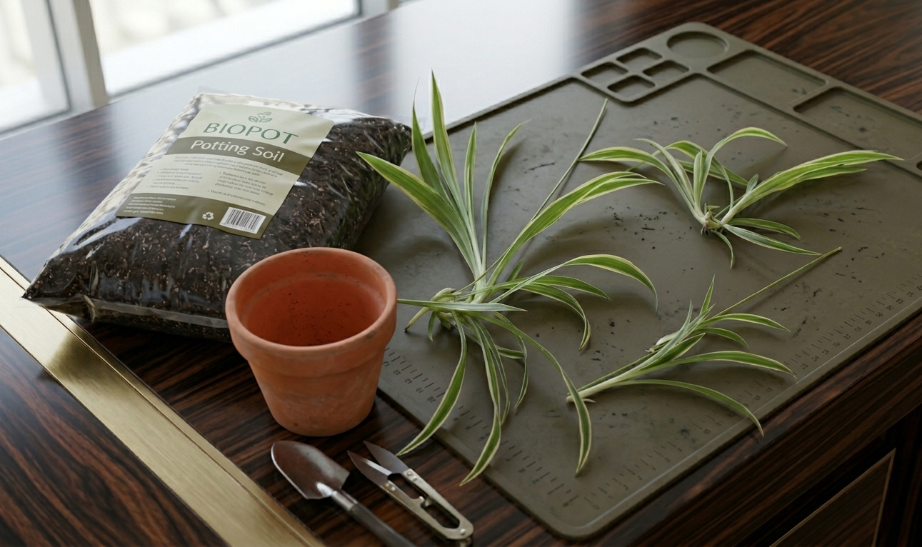 Spider plant offshoots and spiderettes beside bag of soil and terracotta pot ready for propagation