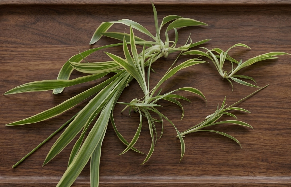 Close-up of spider plant spiderettes and offshoots on wooden tray showing aerial roots