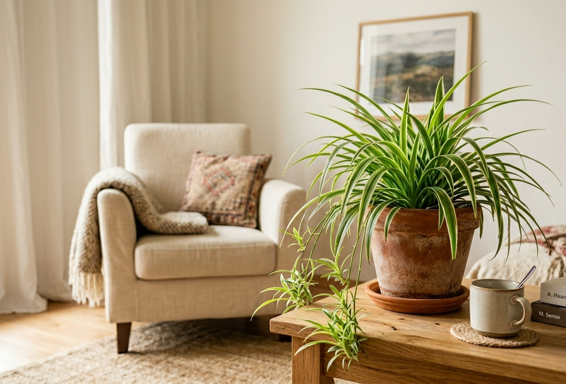 Spider plant in terracotta pot on wooden table in bright living room next to armchair