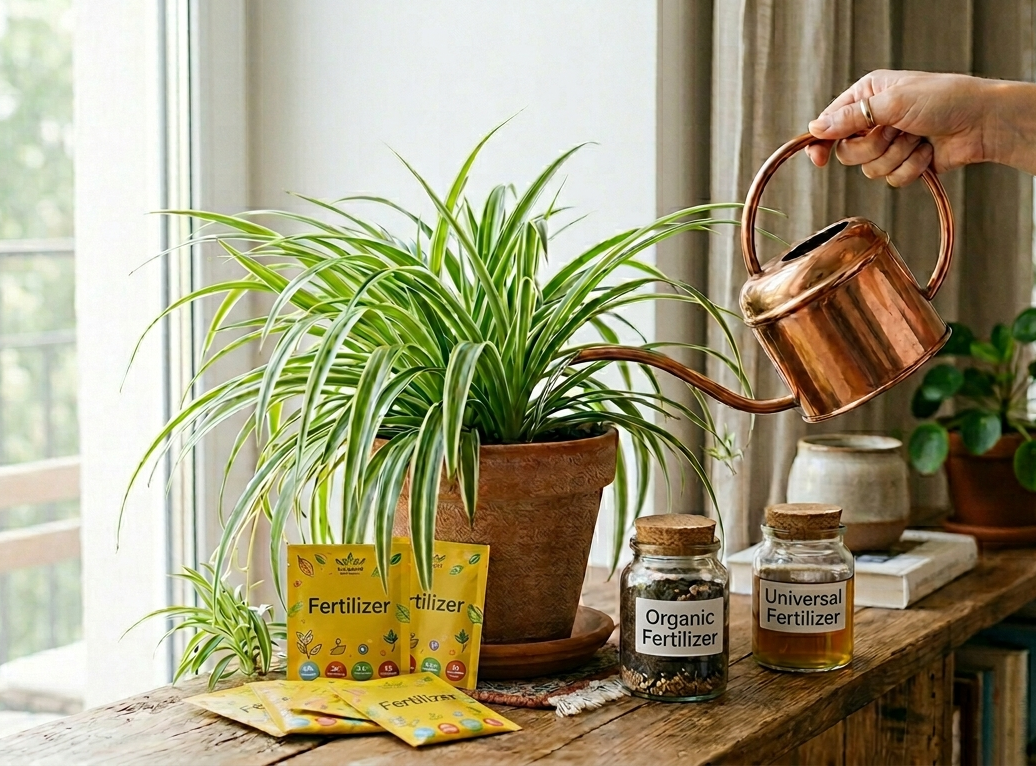Hand watering spider plant with copper watering can with fertilizer packets on wooden shelf
