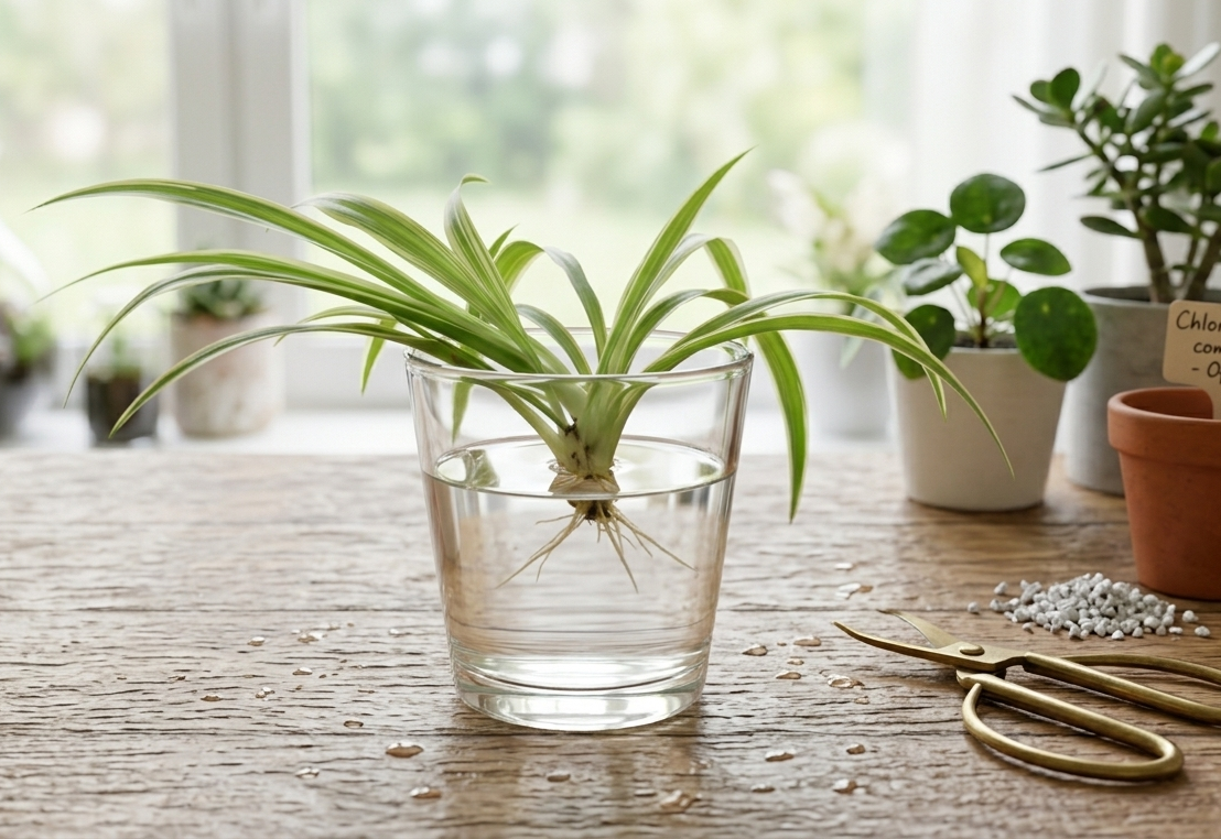 Spider plant spiderette offset rooting in glass of water on wooden table with scissors nearby