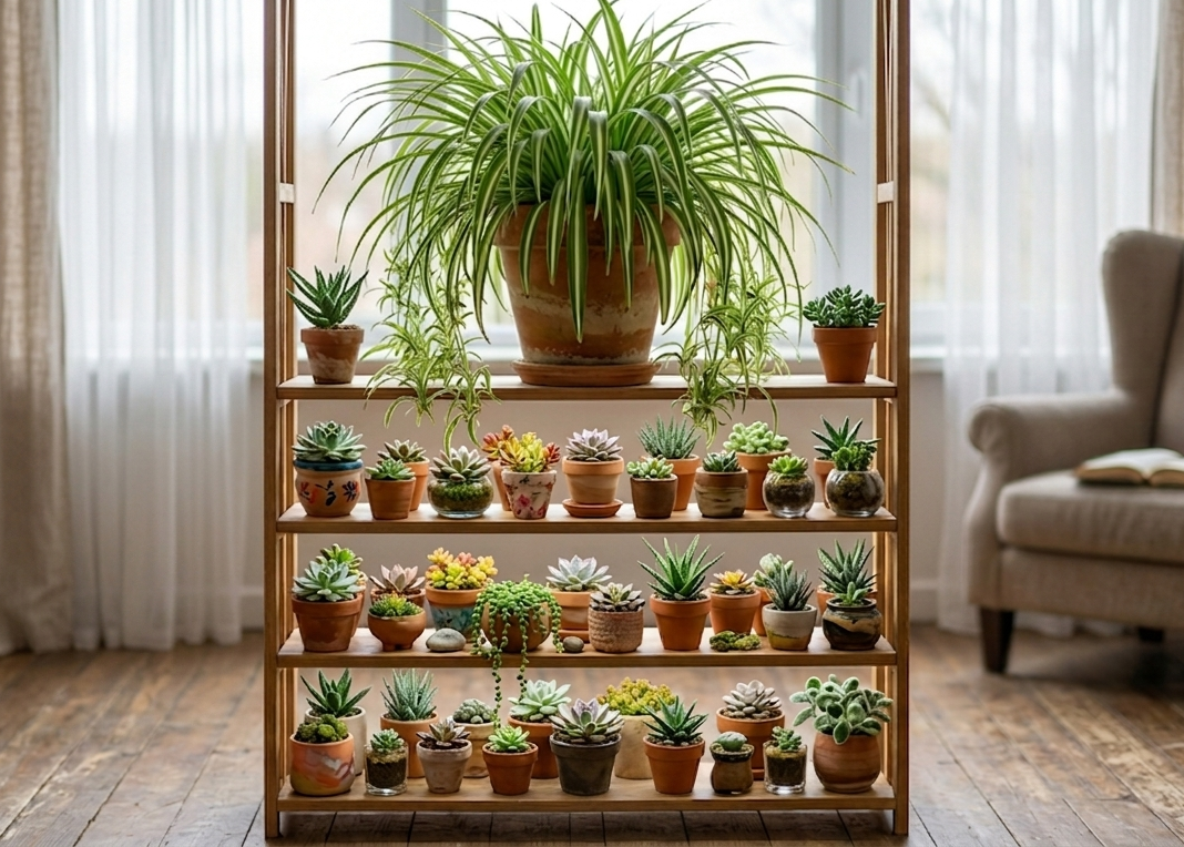 Large spider plant in pot on top shelf of wooden plant stand near bright window