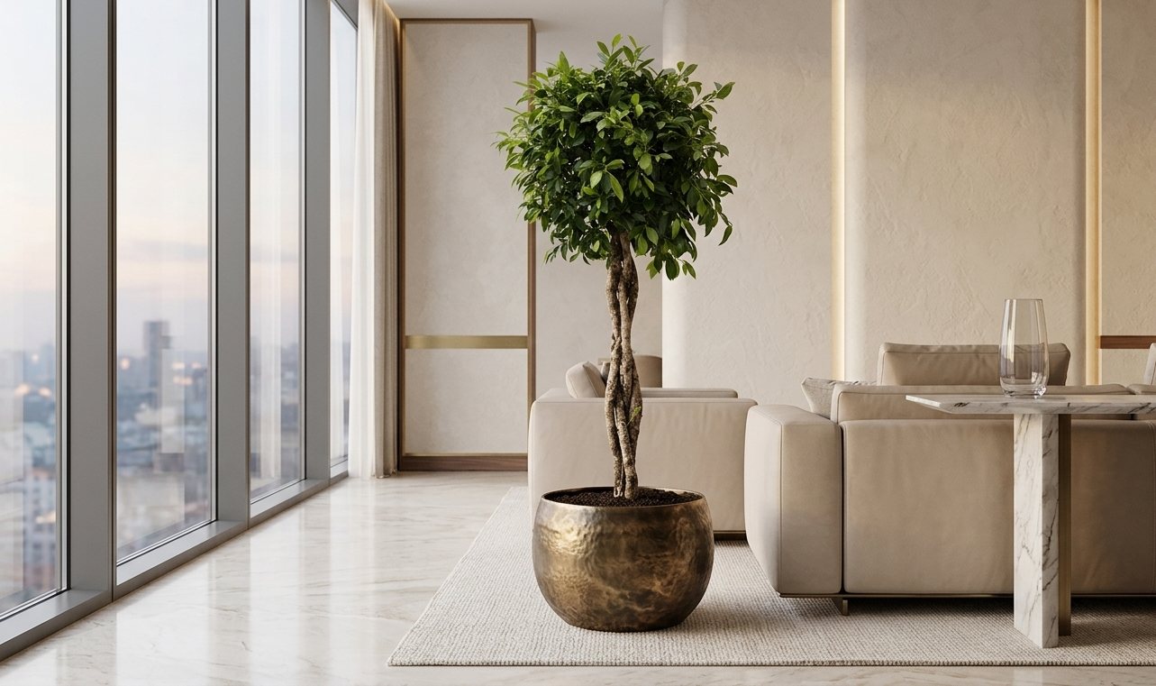 ficus nitida tree in brass bowl pot in luxury high-rise apartment with city view