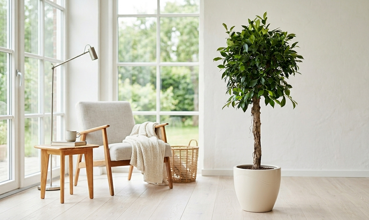 ficus nitida tree in white pot in bright Scandinavian living room with armchair