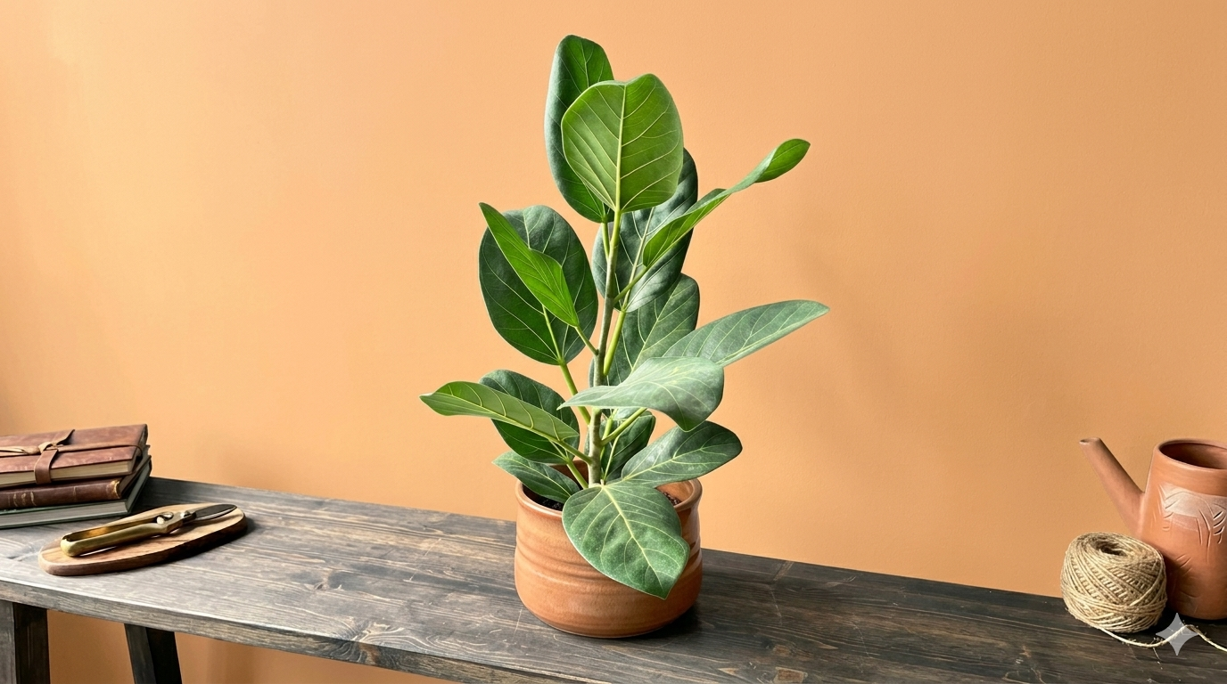 Ficus Audrey plant in terracotta pot on wooden table against orange wall