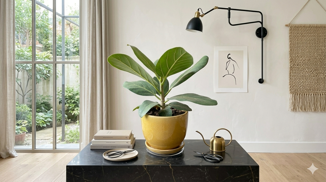 Ficus Audrey in yellow pot on dark marble table in bright modern room near window