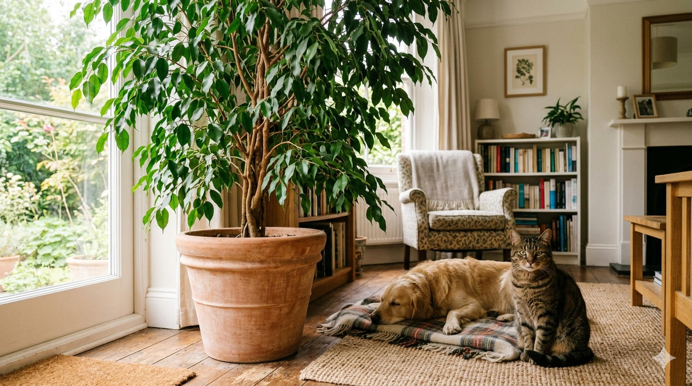 ficus weeping fig tree in terracotta pot with golden retriever and tabby cat lying together in living room