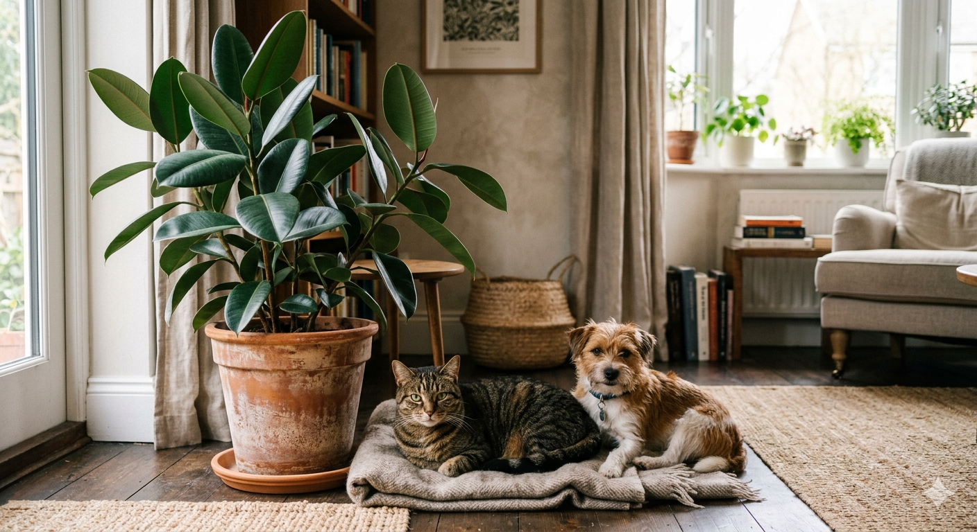 rubber plant ficus elastica in pot with tabby cat and small dog resting together on cushion