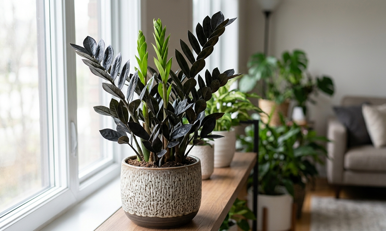 Raven ZZ plant with dark black-purple leaves in textured ceramic pot on wooden shelf near bright window