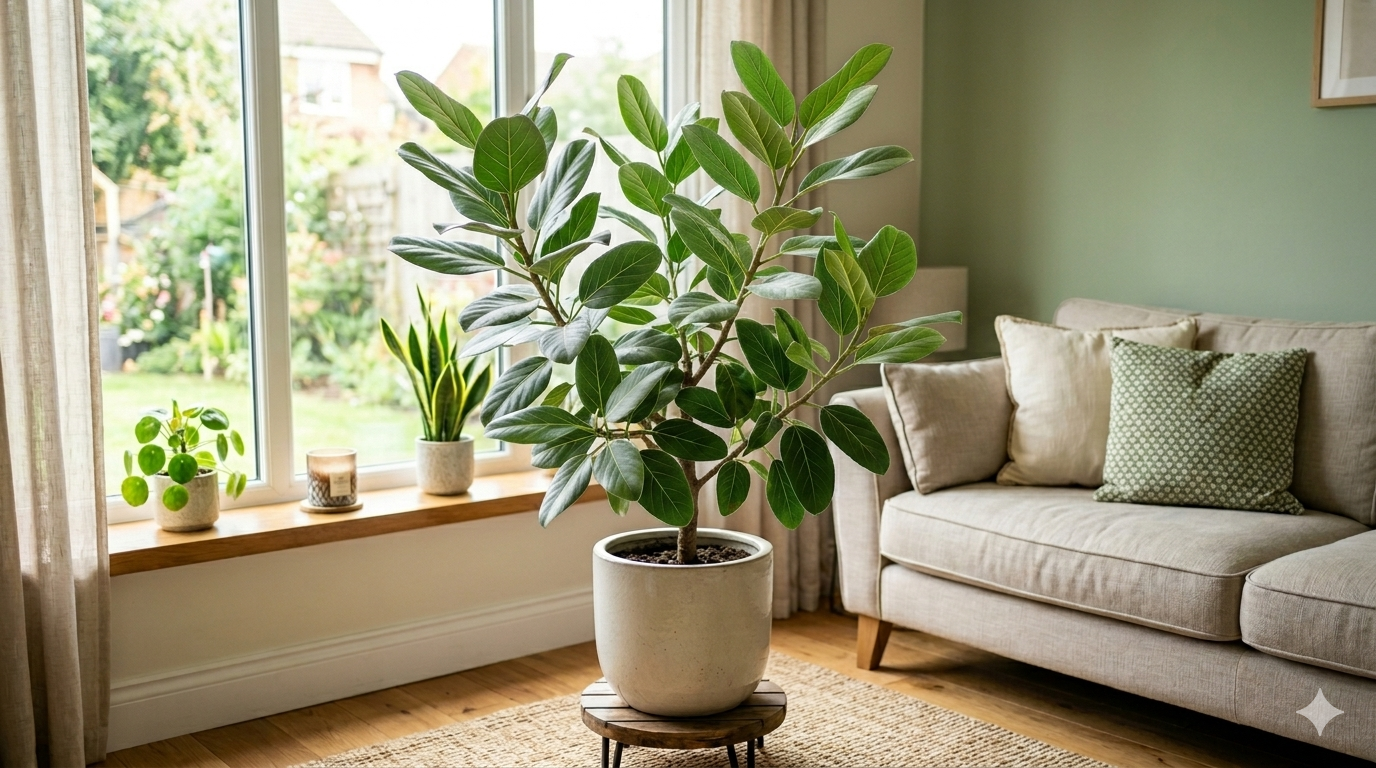 large Ficus Audrey tree in white pot near window in living room with garden view