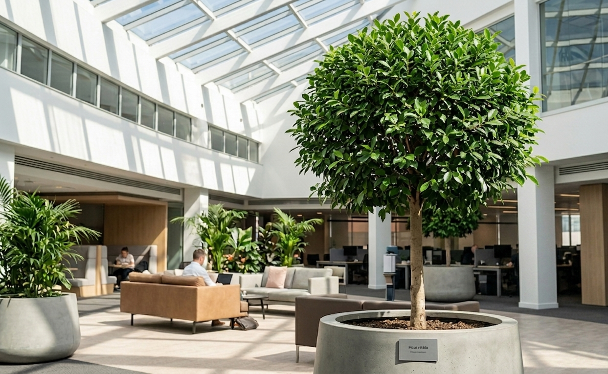 large ficus nitida trees in commercial office atrium with glass ceiling