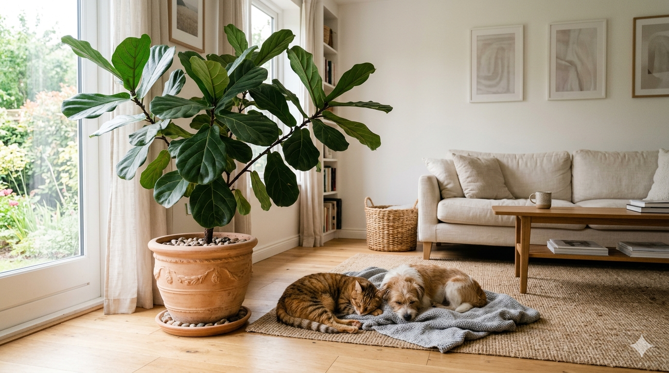 fiddle leaf fig ficus lyrata in terracotta pot with tabby cat sleeping on floor in living room